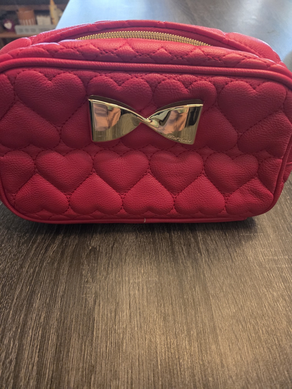 Pink Quilted Heart Bow Cosmetic Bag - Betsey Johnson. Never been used